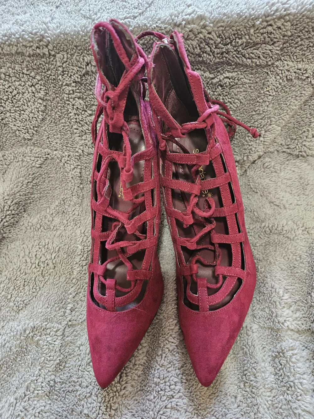 ShoeDazzle Burgundy Lace Up Cage Stiletto Heels Pumps Size 8